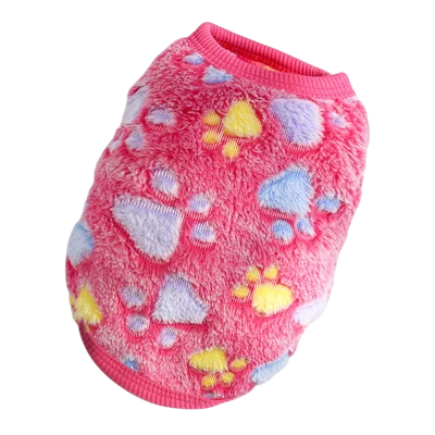 Zimní obleček pro psa XS 30 cm hrudník 20 cm záda Růžový kabátek s modrými a žlutými tlapkami Hřejivý měkký overal pro malé psy 1–1,5 kg