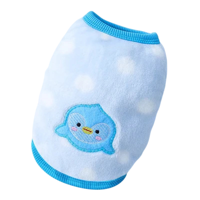 Zimní obleček pro psa XS 30 cm hrudník 20 cm záda Světle modrý kabátek s bílými puntíky a obrázkem tučňáka Hřejivý outfit 1–1,5 kg