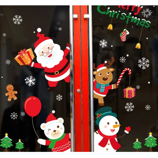 Zimowe naklejki na okno 50 x 70 cm PVC zestaw z motywami Świętego Mikołaja, renifera, bałwana, misia i płatków śniegu do zimnej dekoracji
