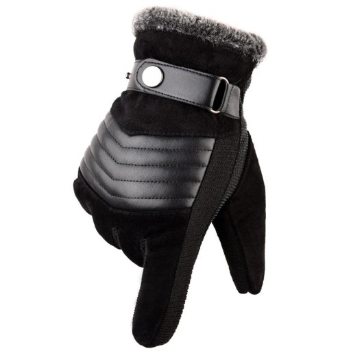 Zimowe rękawiczki męskie z funkcją dotykową. Ciepłe rękawiczki na zimę z futerkiem i paskiem ściągającym