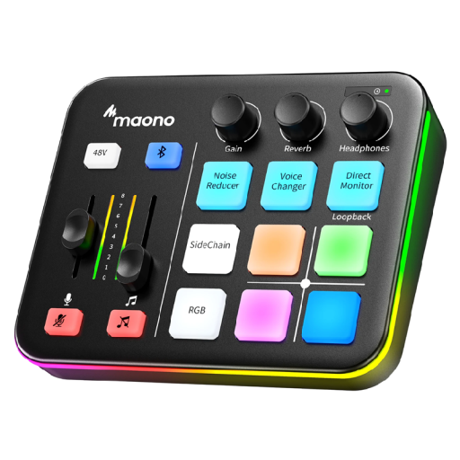 Živý audio mixážní pult k PC s RGB podsvícením Změna hlasu Zvukové efekty Redukce šumu 4 tlačítka úryvků XLR mikrofonní rozhraní