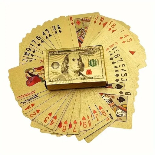 Zlaté plastové hrací karty 55 kusů s designem bankovky 100 USD lesklý voděodolný povrch a rozměr 6 x 9 cm pro poker žolíky i kanastu