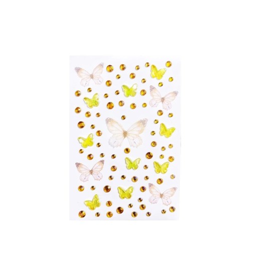 Žluté 3D kamínky na obličej s motýly Festivalové třpytivé samolepky Krystaly Diamanty Drahokamy Dekorace pro make-up a líčení