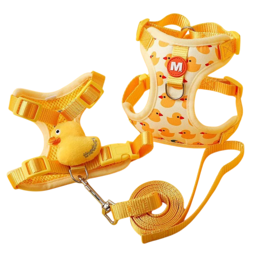 Žlutý postroj pro psa s motivem kachniček Velikost XS Nastavitelný nylonový popruh Obvod hrudníku 25–30 cm Pro psy 1–1,5 kg