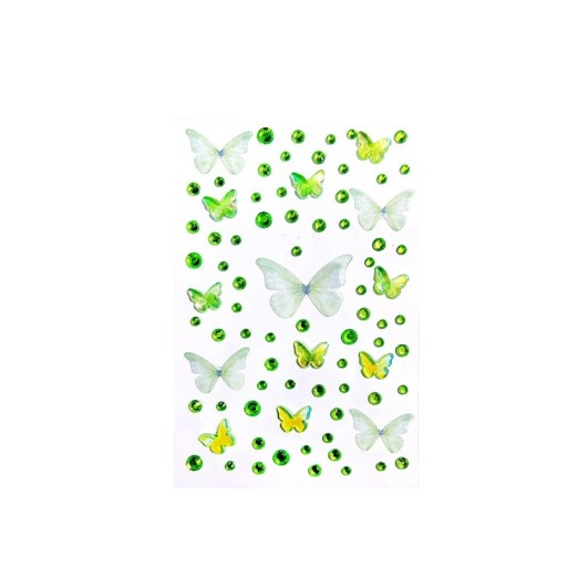 Zöld 3D kövek az arcon pillangókkal Csillogó fesztiváli matricák Kristály Gyémántok Drágakövek Díszek sminkhez és make-uphoz