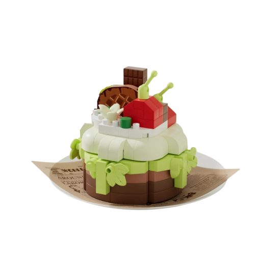 Zöld-barna árnyalatú torta építőjáték csokoládé díszítéssel és piros házikóval 5,5 x 3,5 x 4,5 cm részletes édes dekoráció kreatív összeállításhoz