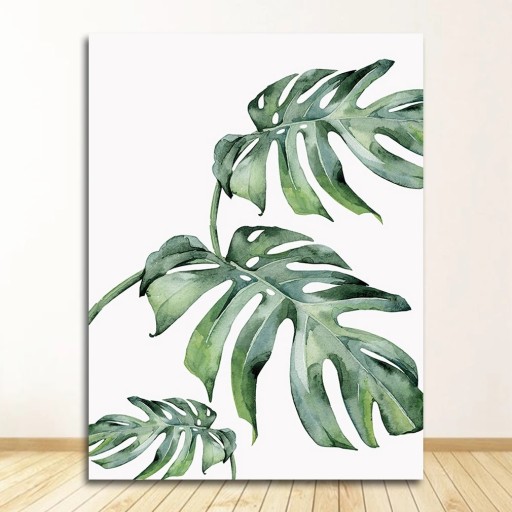 Zöld levelek monstera falikép akvarell mintával 25x35 cm vászon keret nélkül, botanikai dekoráció a nappaliba