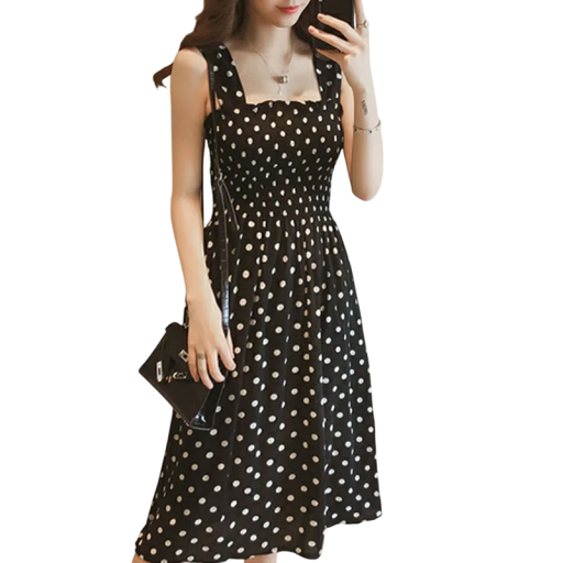 Zomerse midi-jurk met brede bandjes en stippen. Elastische lijfje. A-lijn rok. Lichtgewicht materiaal. Luchtige en comfortabele jurk voor dagelijks gebruik.