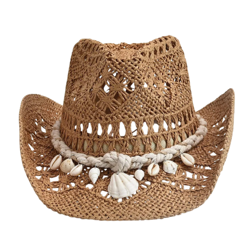 Zomerse strohoed voor dames Handgeweven strandhoed 56-58 cm Schelpdecoratie Zonbescherming Rand 8 cm Hoogte 12 cm