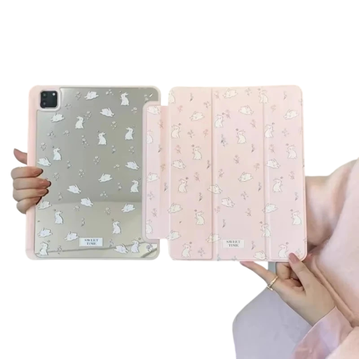 Zrcadlové pouzdro na tablet iPad Pro 12,9 palce z let 2021 a 2022 s motivem králíčků a kvítků akryl a plast se stojánkem