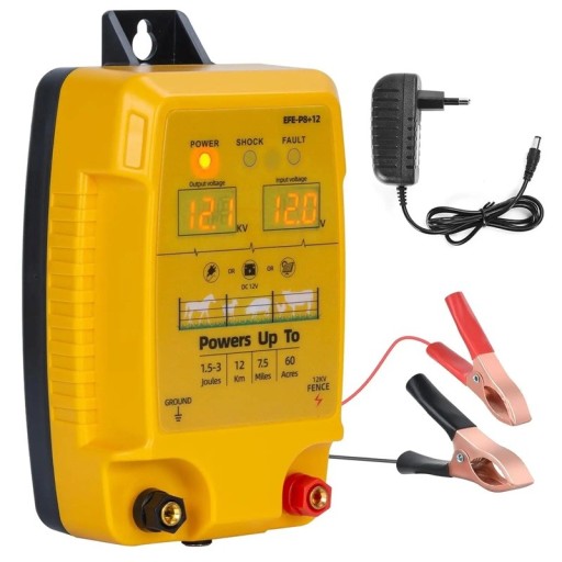 Źródło do elektrycznego ogrodzenia z dwoma wyświetlaczami, zasięg 12 km, wyjście 8–12 kV, wejście 12 V, żółty zasilacz do pastwiska bydła i koni