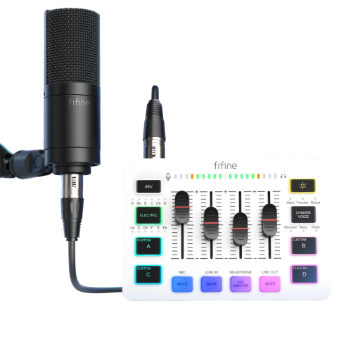 Zvukový mixážní pult Fifine AmpliGame SC3W 4 kanály s XLR vstupem RGB podsvícení 48V fantomové napájení pro podcasty hry a streamování