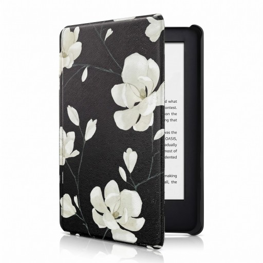 Zwart flipcase 6 inch voor Kindle 10e generatie 2019 met grote witte bloemen en knoppen op dunne takken met een band en folie