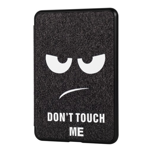 Zwart flipcase 6 inch voor Kindle 10e generatie 2019 met print van bewolkte ogen en tekst Don't touch me en met een bandje en folie
