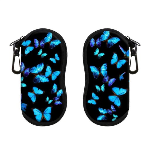 Zwarte brillenkoker 17,9 x 8,5 cm met blauw vlindermotief Elegant design Karabijnhaak Ritssluiting