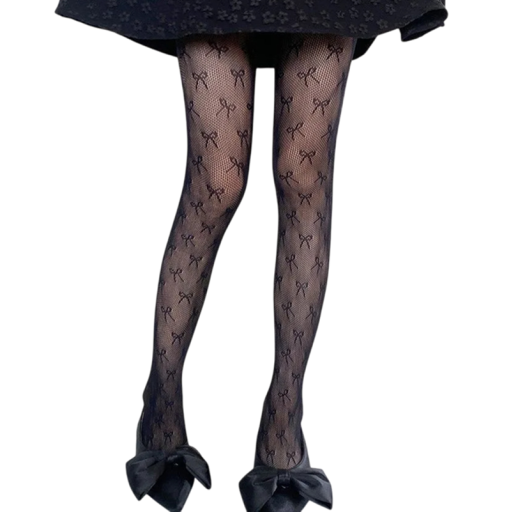Zwarte doorschijnende netkousen voor dames met kleine strikjes Elegante panty Delicaat patroon Romantische look