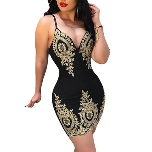 Zwarte mini-jurk met smalle bandjes Diepe V-hals Bodycon-snit Gouden sierborduursels Elegante avondfeestjurk