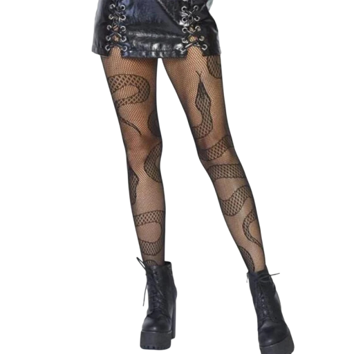 Zwarte nylon transparante visnetpanty&#39;s voor dames met slangenpatroon, sexy dierenpatroon, elegante feestnylons