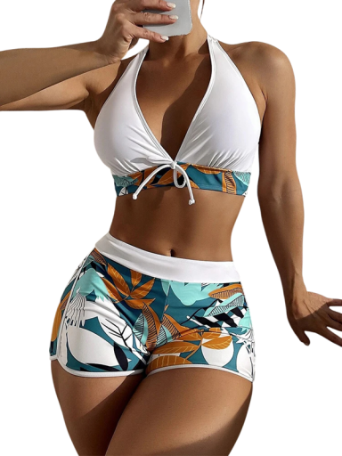 Zweiteiliger Sport-Badeanzug für Damen mit tropischem Muster und Shorts. Badeanzug-Set mit Neckholder-BH und Unterbrustverschluss