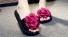 Dámské pantofle na platformě s květinou tmavě růžová