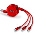 Navíjací USB kábel Micro USB / USB-C / Lightning červená