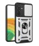 Ochranný kryt s magnetom, stojanom a krytkou na objektív pre Samsung Galaxy A04 strieborná